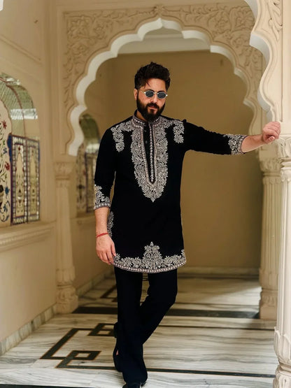 Black Armani Viscose Kurta Full Set With Embroidery