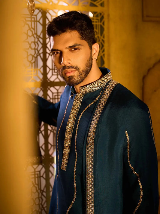 Dark Teal Blue Embroidered Rose Silk Designer Kurta Pajama with Dupatta