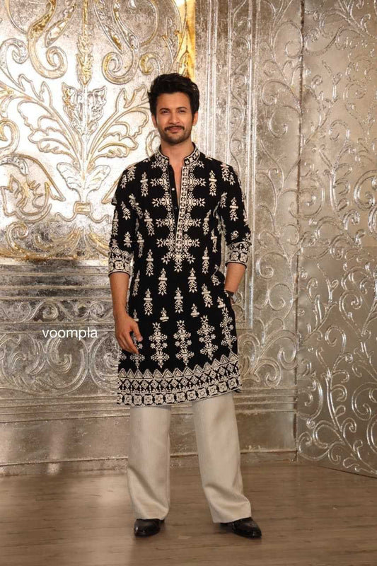 Black Velvet Ivory Kurta & Pant Embroidery