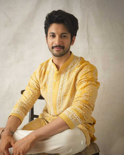 Yellow Mustard Parrot Chanderi Full Heavy Embroidery Kurta Pant Set