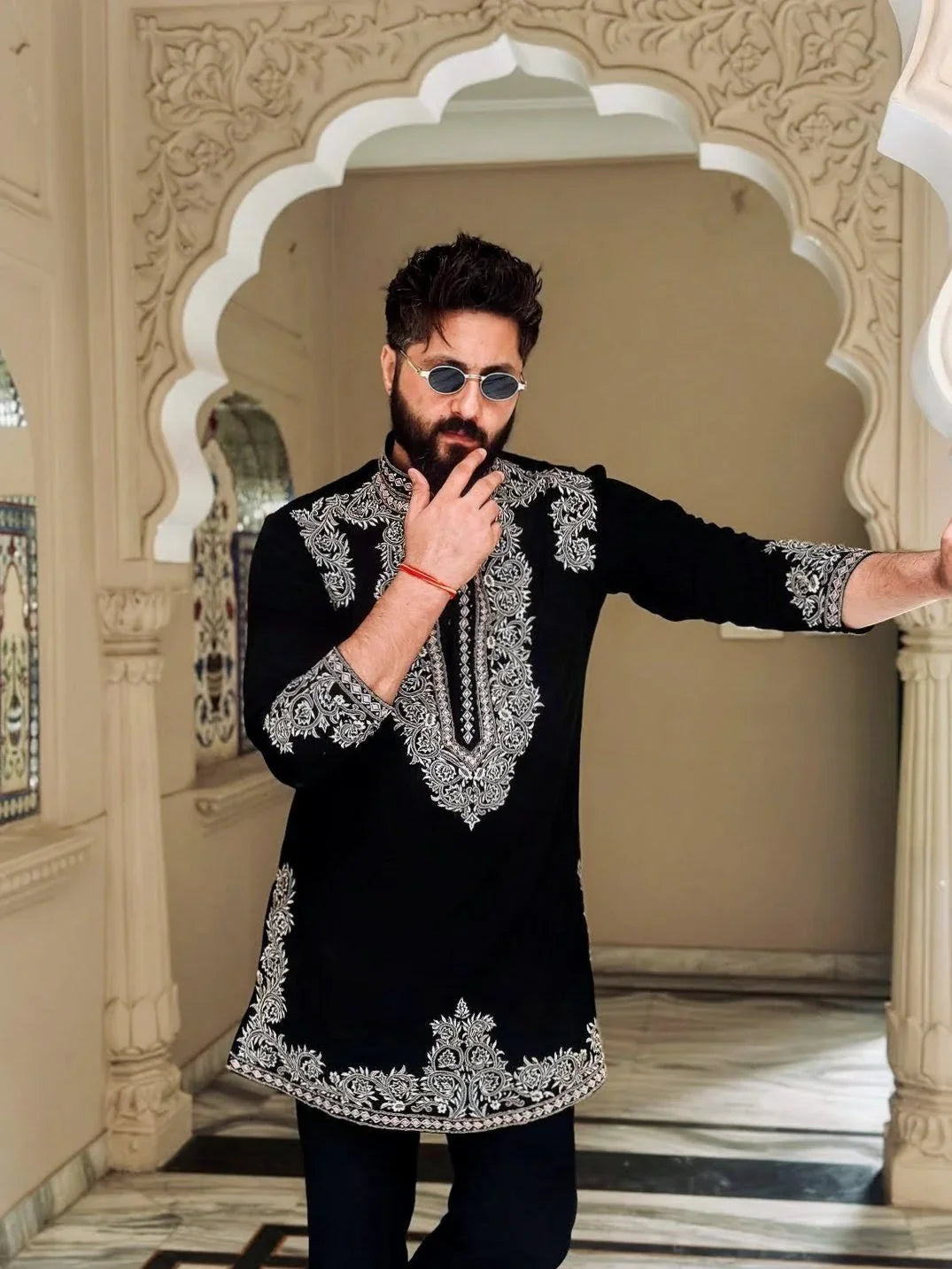 Black Armani Viscose Kurta Full Set With Embroidery