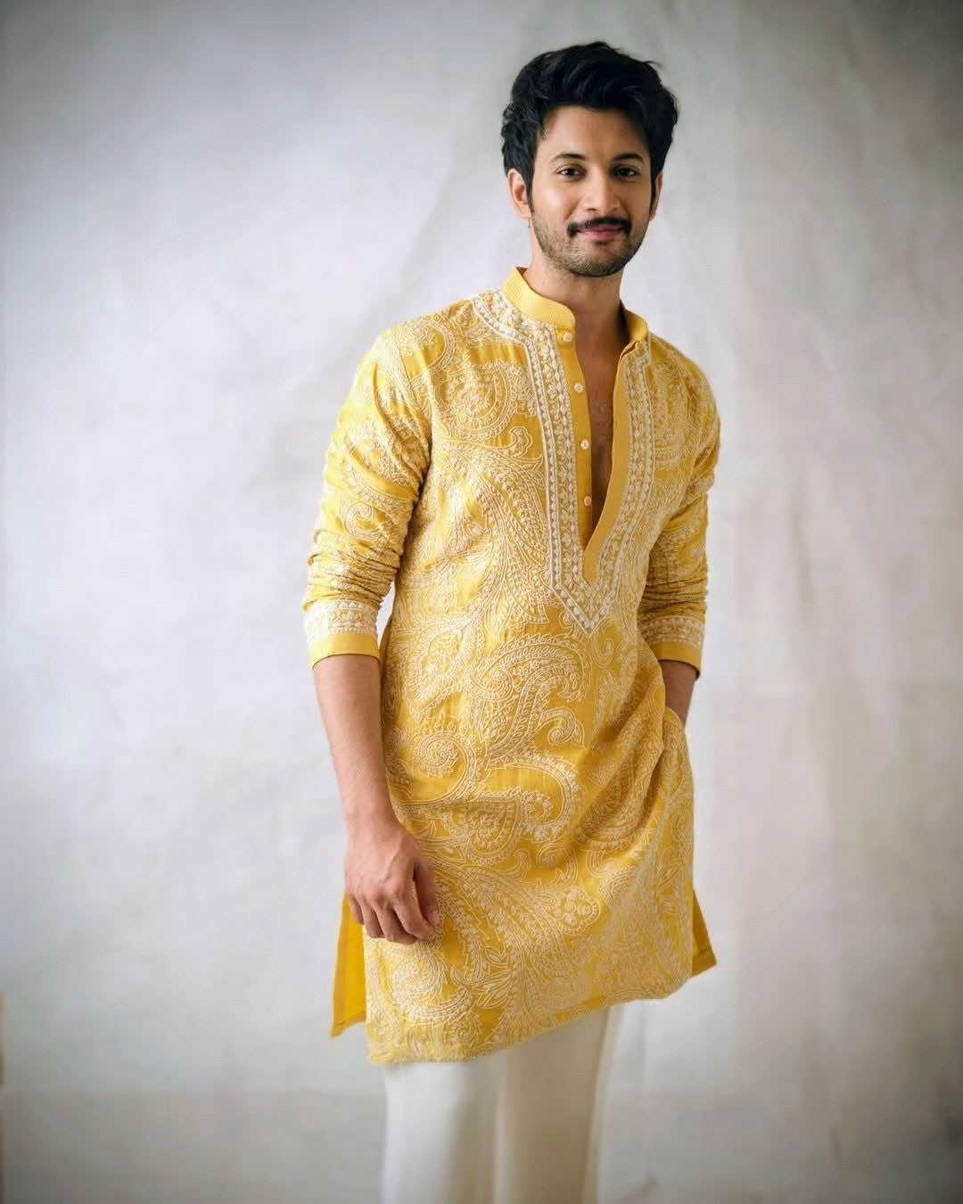 Yellow Mustard Parrot Chanderi Full Heavy Embroidery Kurta Pant Set