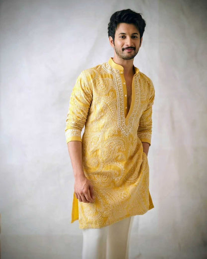 Yellow Mustard Parrot Chanderi Full Heavy Embroidery Kurta Pant Set