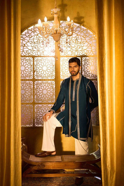 Dark Teal Blue Embroidered Rose Silk Designer Kurta Pajama with Dupatta