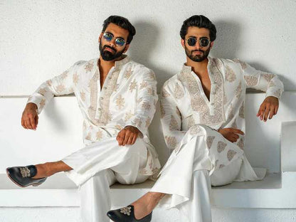 White Silk Blend Kurta Pant set With Embroidery work