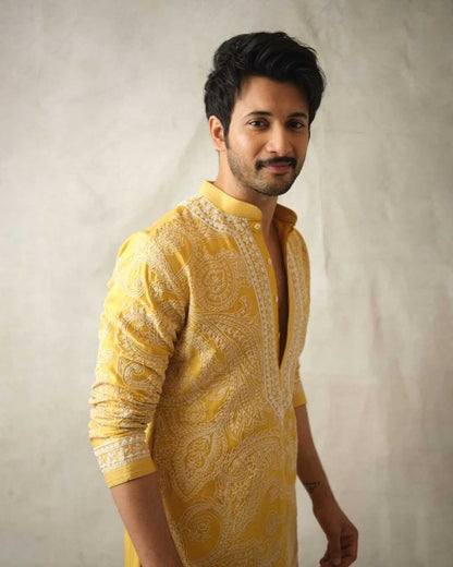 Yellow Mustard Parrot Chanderi Full Heavy Embroidery Kurta Pant Set