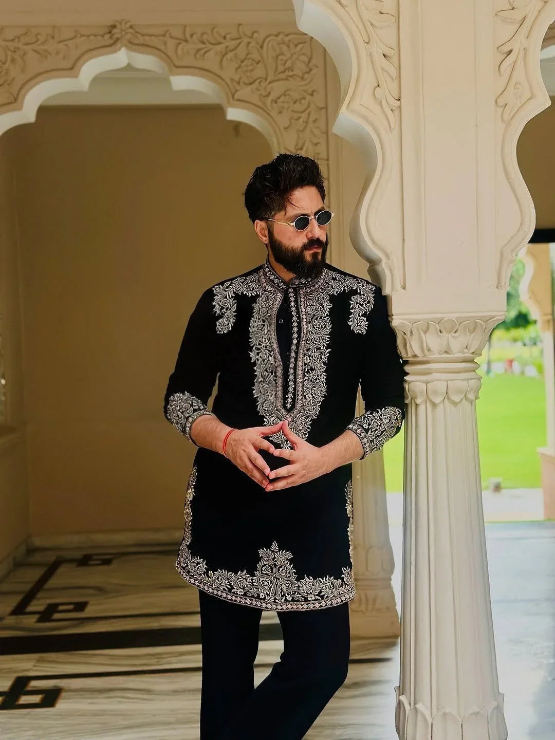 Black Armani Viscose Kurta Full Set With Embroidery