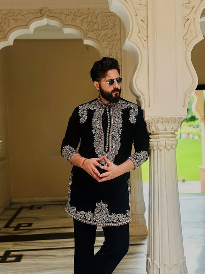 Black Armani Viscose Kurta Full Set With Embroidery