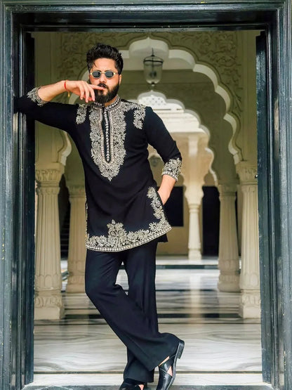 Black Armani Viscose Kurta Full Set With Embroidery