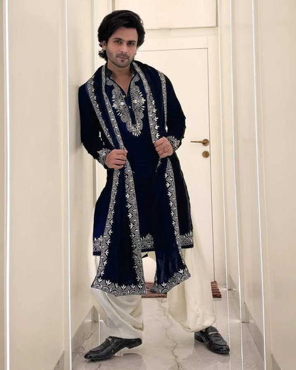 Black Regal Silk Embroidery Kurta Pajama With Dupatta Set