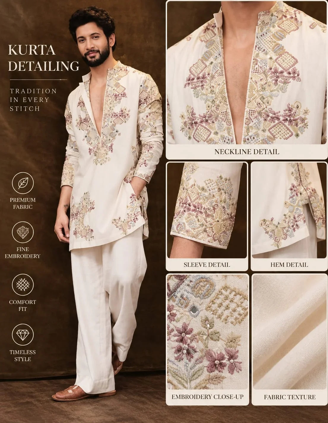 IVORY EMBROIDERY KURTA PANT SET