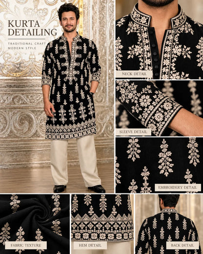 Black Velvet Ivory Kurta & Pant Embroidery