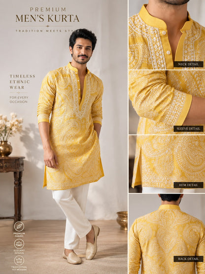 Yellow Mustard Parrot Chanderi Full Heavy Embroidery Kurta Pant Set