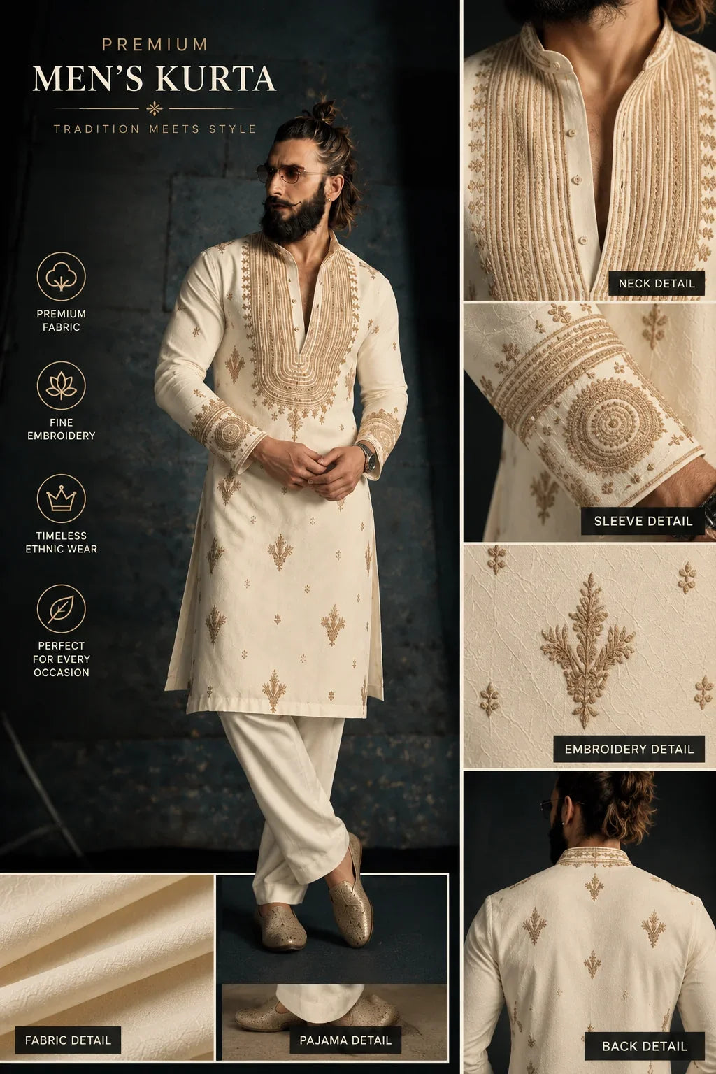 Cream Kurta Pant Set With Embroidery