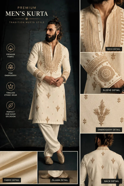 Cream Kurta Pant Set With Embroidery