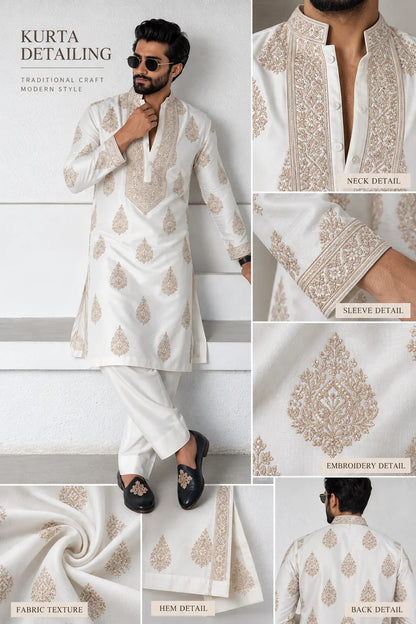 White Silk Blend Kurta Pant set With Embroidery work