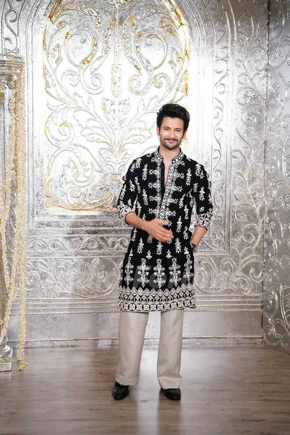 Black Velvet Ivory Kurta & Pant Embroidery