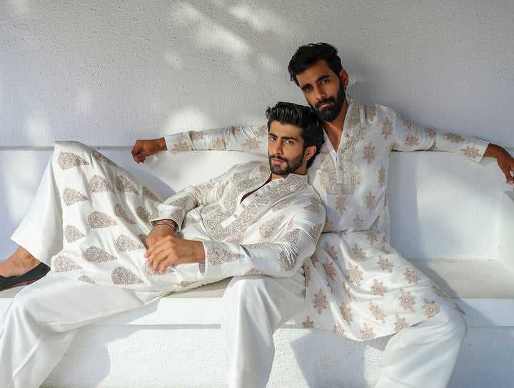 White Silk Blend Kurta Pant set With Embroidery work