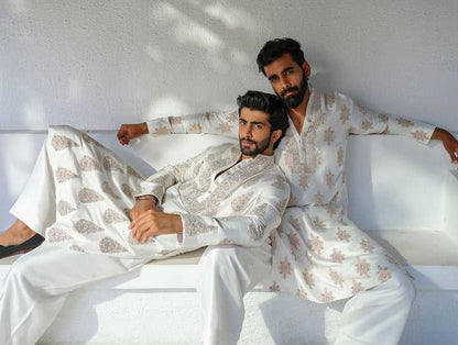 White Silk Blend Kurta Pant set With Embroidery work