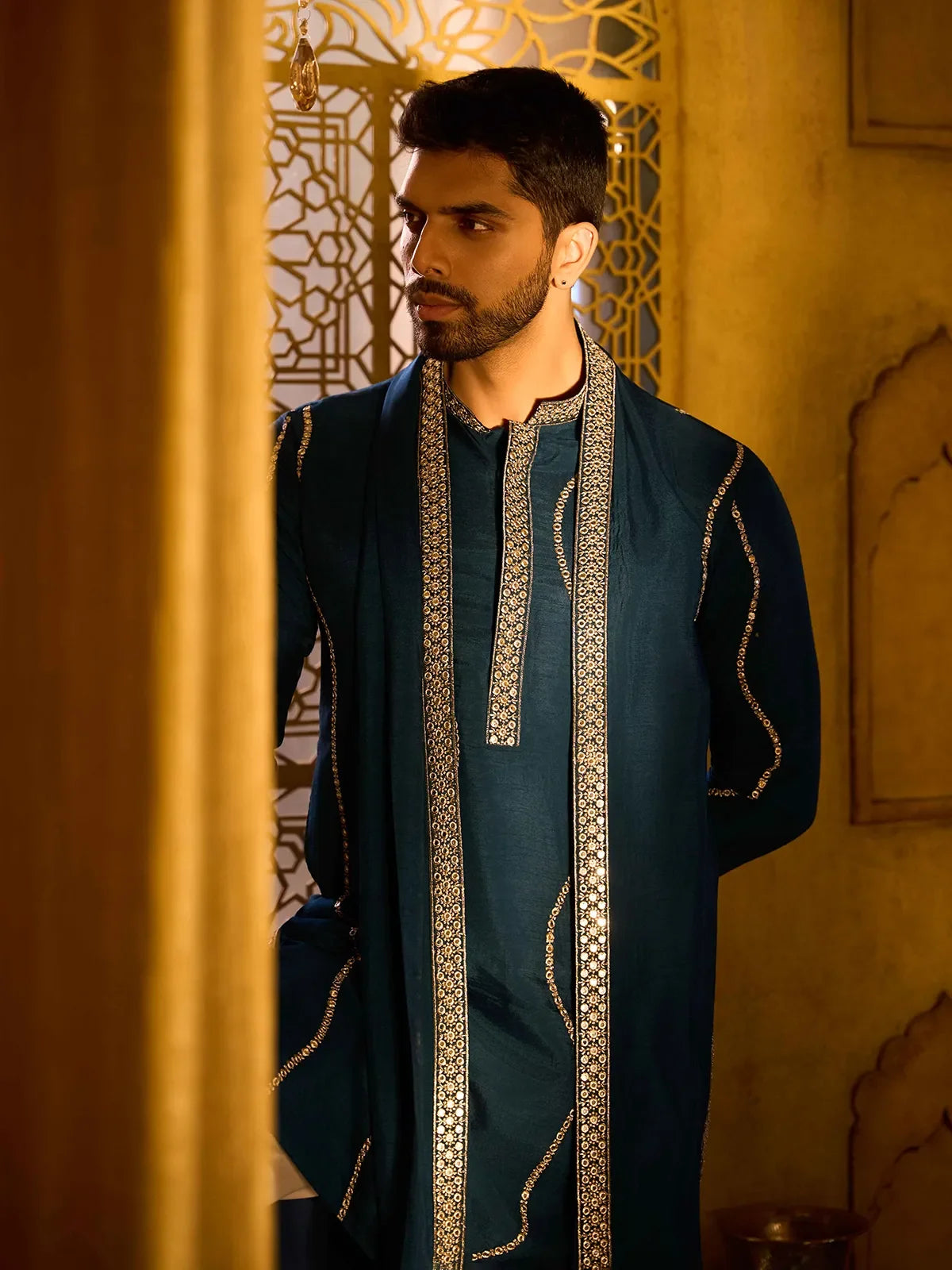 Dark Teal Blue Embroidered Rose Silk Designer Kurta Pajama with Dupatta