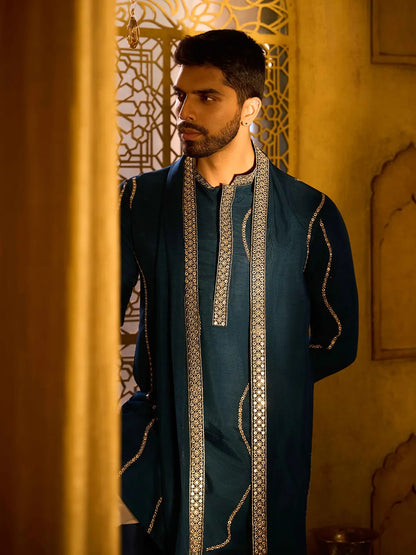 Dark Teal Blue Embroidered Rose Silk Designer Kurta Pajama with Dupatta