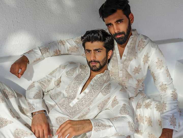 White Silk Blend Kurta Pant set With Embroidery work