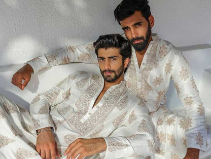 White Silk Blend Kurta Pant set With Embroidery work