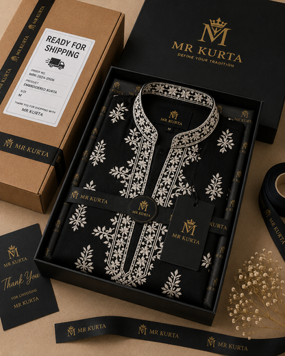 Black Velvet Ivory Kurta & Pant Embroidery