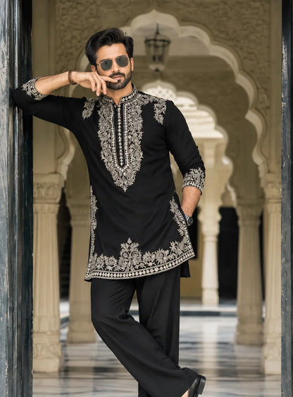 Black Armani Viscose Kurta Full Set With Embroidery
