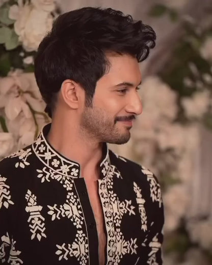 Black Velvet Ivory Kurta & Pant Embroidery
