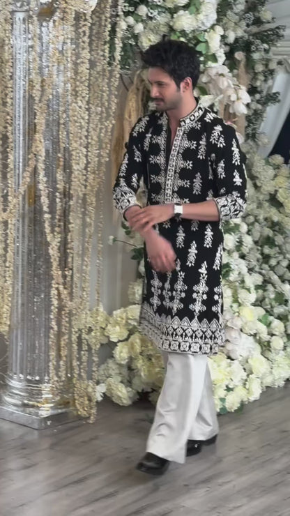 Black Velvet Ivory Kurta & Pant Embroidery