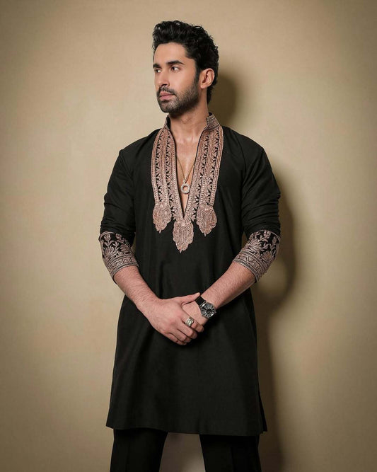 Black & Gold Celebrities Tilla Placket Kurta Pant Set