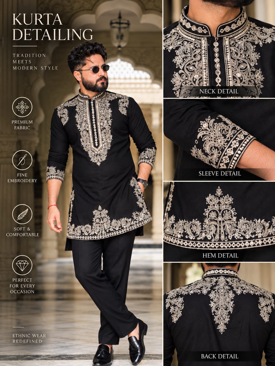Black Armani Viscose Kurta Full Set With Embroidery
