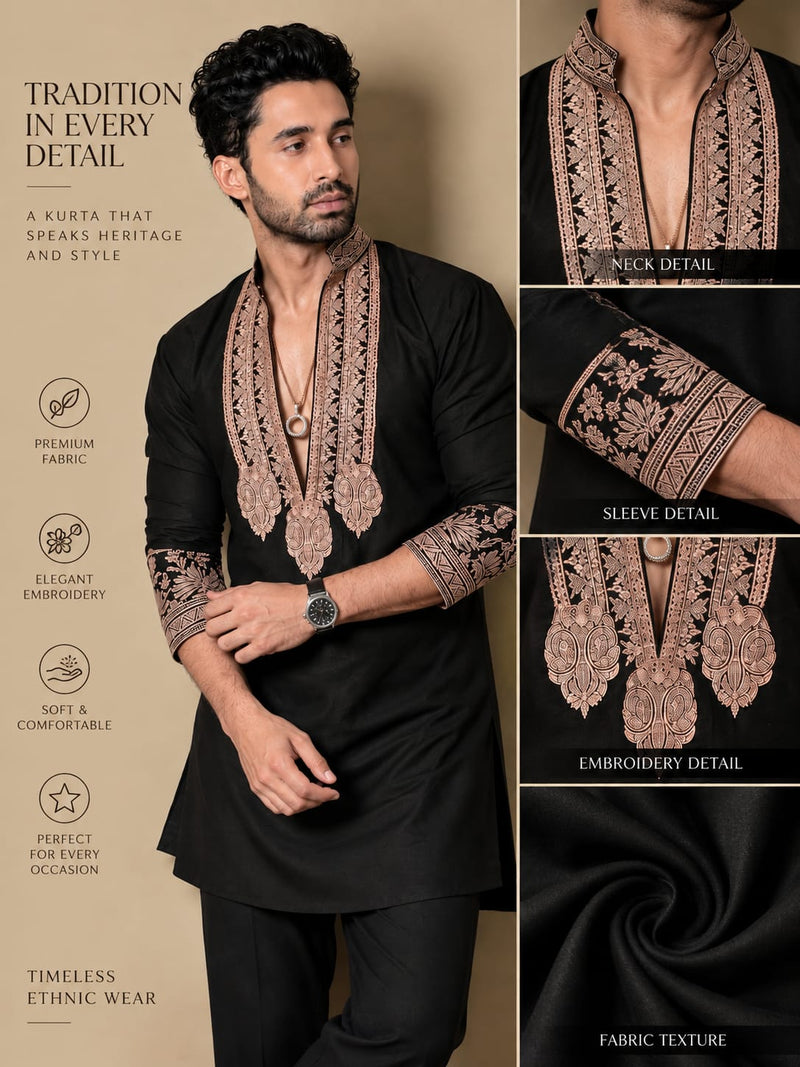 Black & Gold Celebrities Tilla Placket Kurta Pant Set