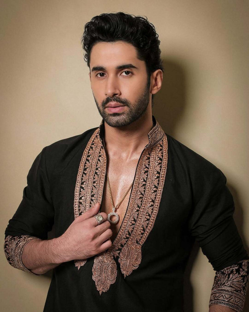 Black & Gold Celebrities Tilla Placket Kurta Pant Set