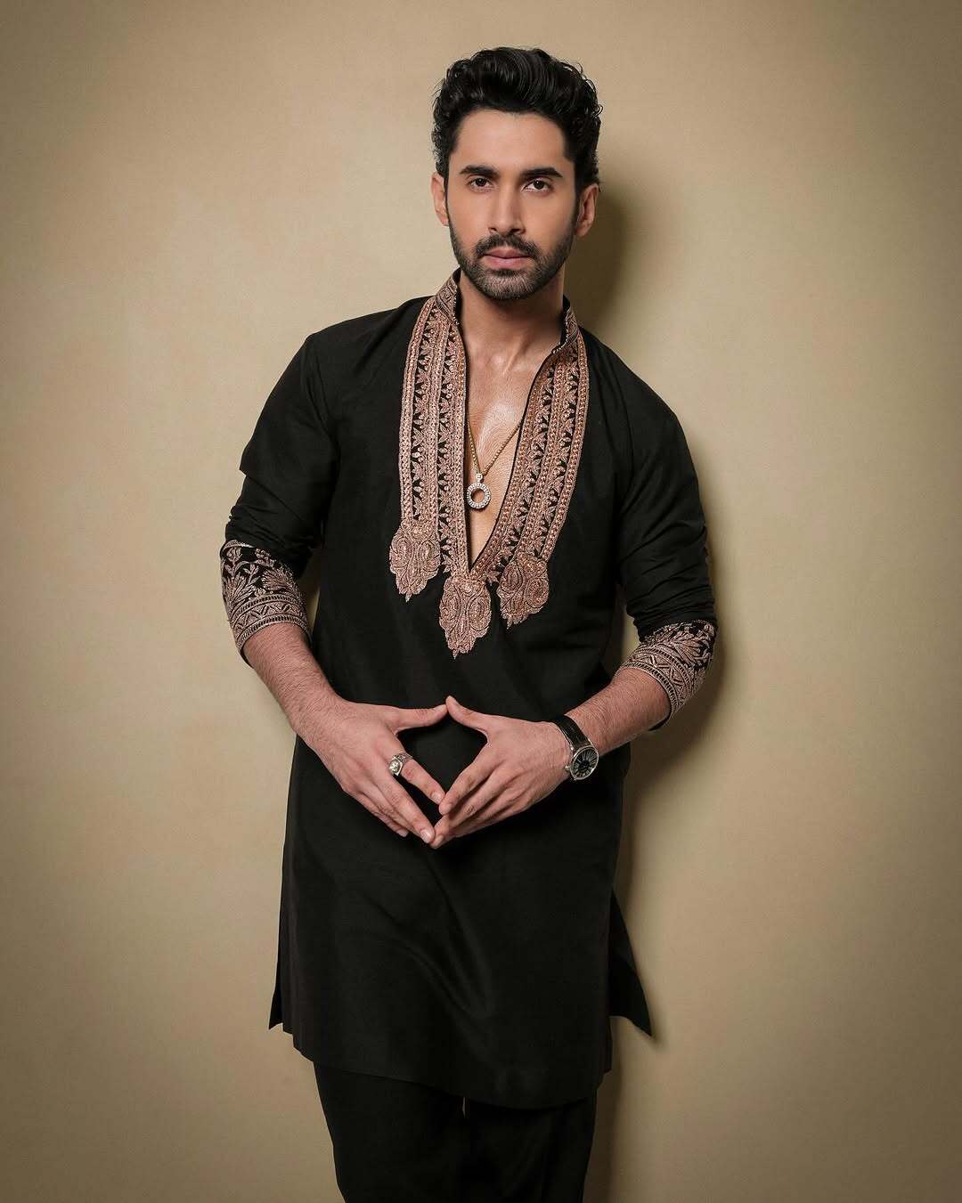 Black & Gold Celebrities Tilla Placket Kurta Pant Set