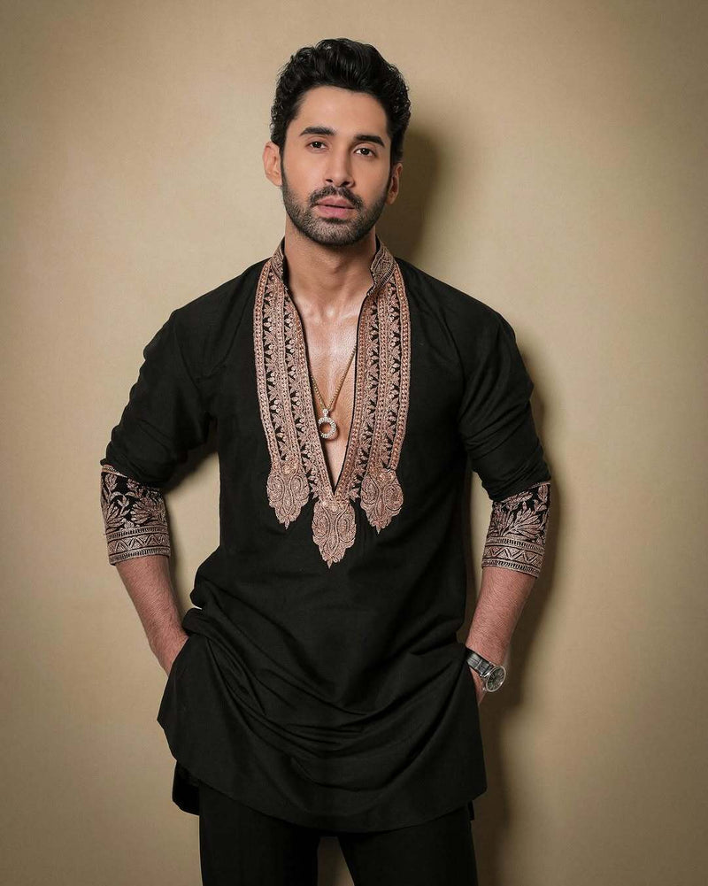 Black & Gold Celebrities Tilla Placket Kurta Pant Set